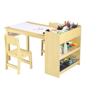 Kids 3-Piece Wood Activity Desk with 2 Chairs,Double-Tier Bookcases & Toy Cubbies - 1 of 4