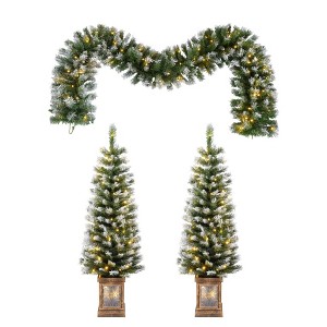 NAYSAYE Artificial Tree 3 Piece Christmas Set with Wreath and Entrance Trees for Holiday Decorations, White and Green, 19.7"*19.7"*47.2" - 1 of 4