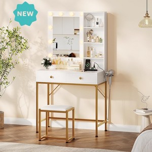 Jojoka Modern LED Makeup Vanity Table with Mirror, 3 Light Settings, Storage Drawers & Shelves, Vanity Chair Included， White - 1 of 4