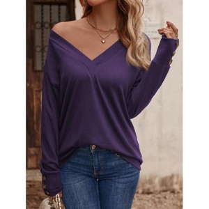 Women's Button Detail Long Sleeve Top Casual V-Neck Loose Fit Blouse T-Shirt - 1 of 4