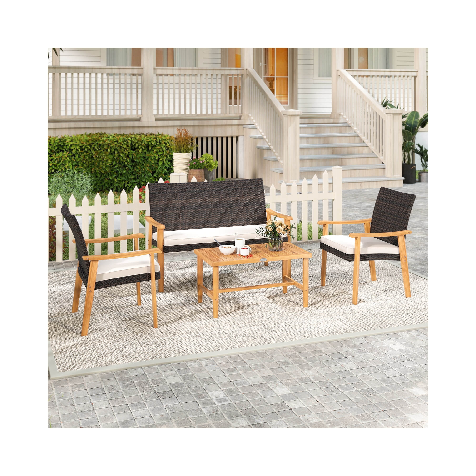 Costway 4 PCS Patio Furniture Set with Acacia Wood Coffee Table & Soft Cushions for Garden