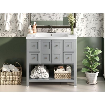 Okak Modern 36" Bathroom Vanity with Sink Multi-function Solid Wood Bathroom Cabinet with Soft Closing Doors & 4 Drawers Open Shelf, Gray