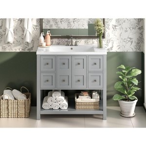 Okak Modern 36" Bathroom Vanity with Sink Multi-function Solid Wood Bathroom Cabinet with Soft Closing Doors & 4 Drawers Open Shelf, Gray - 1 of 4