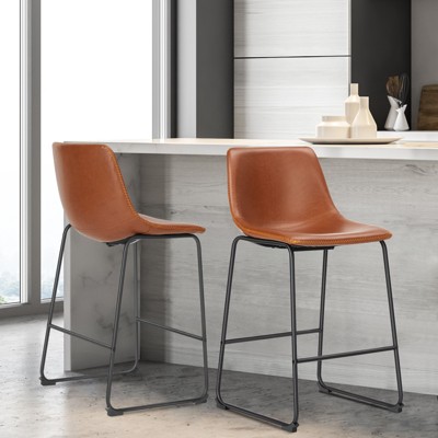 Lirago Brown 2PC Armless Industrial Faux Leather Barstool – 18.5"×19.69"×39.37" Metal Legs with Integrated Footrest