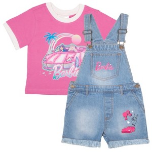 Barbie Little Girls Crewneck T-Shirt and Denim Short Overalls 2-Piece Set - Pink, 5 - 1 of 4