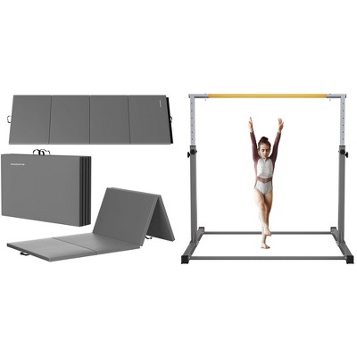 BalanceFrom Fitness 120 x 48 Inch All Purpose Folding Gymnastics Exercise Mat and Adjustable Folding Steel Gymnastics Bar for Ages 3 & Up Set, Gray