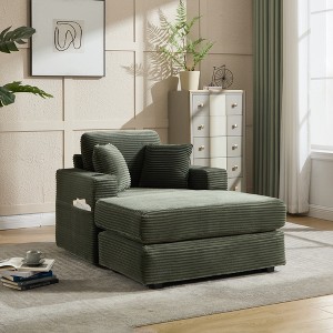 Corduroy Upholstered Chaise Lounge Chair with Deep Seat, Detachable Cushions, Magazine Bag & Cup Holders for Living Room or Office - 1 of 4