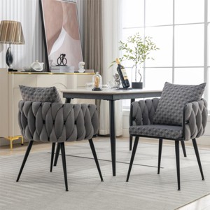 Modern Velvet Dining Chairs Set of 2 with Hand Weaving,Accent Chairs Living Room Chairs Upholstered Side Chair with Black Metal Legs-Cuddlewood - 1 of 4