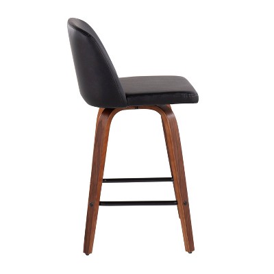 Set of 2 Black Faux Leather and Walnut Wood Swivel Barstools