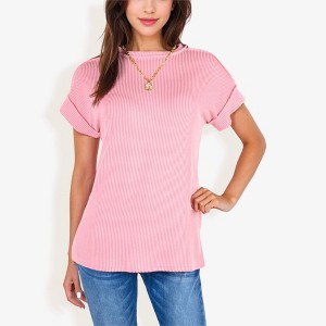 Anna-Kaci Women's Striped Knit Top with Crew Neck and Short Sleeves, Casual Loose Fit Comfortable Blouse - 1 of 4