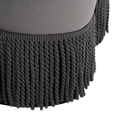 Tanith Dark Grey Velvet Flower Ottoman with Fringe
