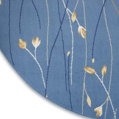 Light Blue Floral Round Synthetic Area Rug 5'3"