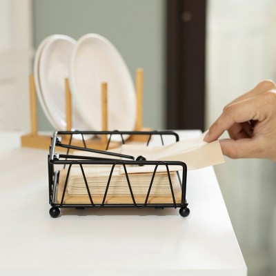 Black Metal Square Napkin Holder with Wooden Base