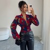 Women's Floral Print Blouse Lantern Sleeve Deep V-Neck ElegantShirt - 2 of 4