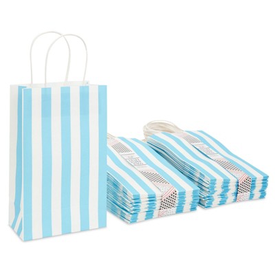 Sparkle and Bash 50 Pack Light Blue Stripes Kraft Paper Gift Bags with Handles (9 x 5.5 x 3.15 In)