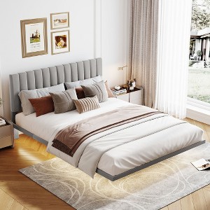 CAVINAS Queen Size Bed with Headboard and Sensor Light, Upholstered Platform, Floating Velvet Platform, Gray - 1 of 4