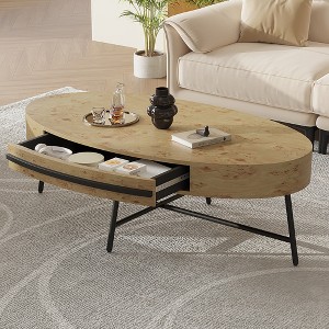 Oval Coffee Table Mid-Century Modern Center Table with Drawer Wooden Coffee Table with Storage and Cross Metal Legs - 1 of 4