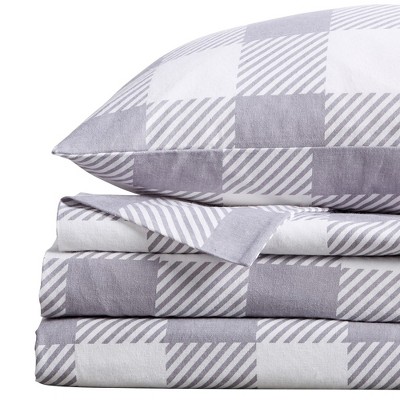 Queen Size Grey Buffalo Check Cotton Flannel Sheet Set