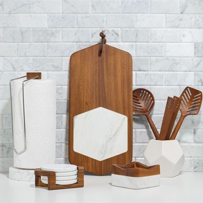 Chevron Acacia Wood and Marble Cutting Board, 17 Inch