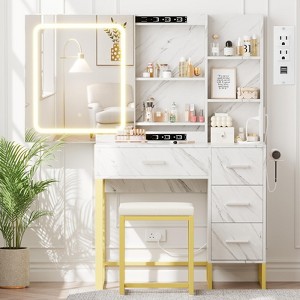 Vanity Desk with Mirror and Lights, Makeup Vanity Desk with Sliding LED Lighted Mirror, Power Outlet - 1 of 4
