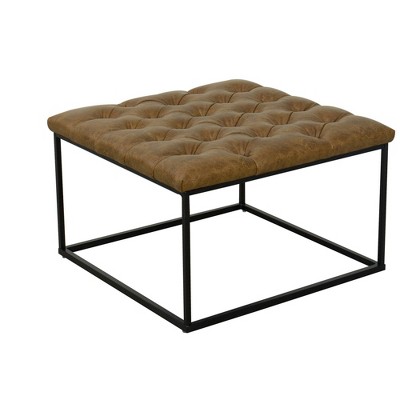 Metal Framed Ottoman with Faux Leather Upholste Button Tufted Seat Brown/Black - Benzara