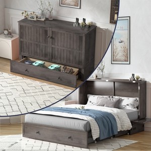 Mjkone Queen Murphy Bed Cabinet with Built-in Charging Station, Drawers, Folding Mattress for Bedroom Guest Room - 1 of 4