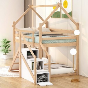Bellemave Twin over Twin House Loft or Bunk Bed with Slide and Staircase, Natural - 1 of 4