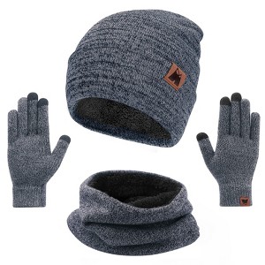 Mysuntown Winter Hat Scarf and Touch Screen Gloves 3-Piece Set, Cold Weather Knit Fleece Lined Warm Unisex Sets - 1 of 4