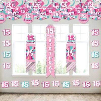 Big Dot of Happiness Girl 15th Birthday - Wall and Door Hanging Decor - Teen Birthday Party Room Decoration Kit