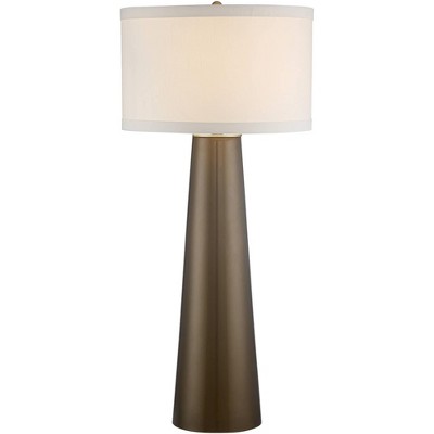 Possini Euro Design Modern Tall Table Lamp with Table Top Dimmer Dark Gold Glass Off White Fabric Drum Shade Living Room Entryway