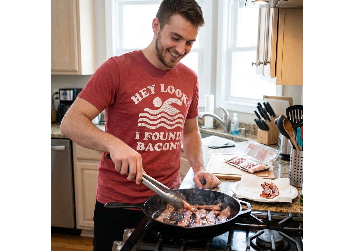 Мужская футболка Crazy Dog T-Shirts, Inc. Hey Look I Found Bacon Funny T Shirts Sarcastic Food Graphic Novelty Tee for Men - Crazy Dog T Shirt For Foodies Red, цвет: Красный — фото 3