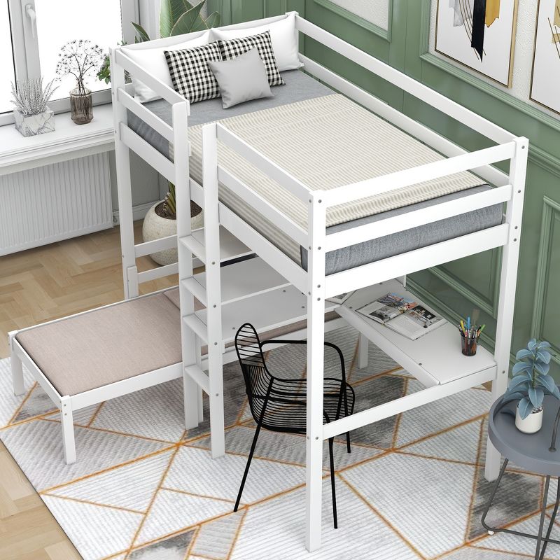 Convertible Loft Bed with L Shaped Desk, Shelf and Ladder, White - ModernLuxe, 3 of 12