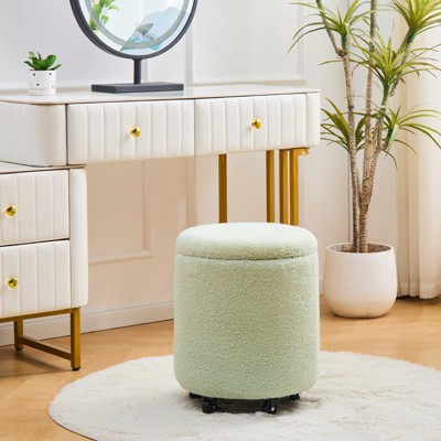 Green Teddy Velvet Round Storage Ottoman with Wheels