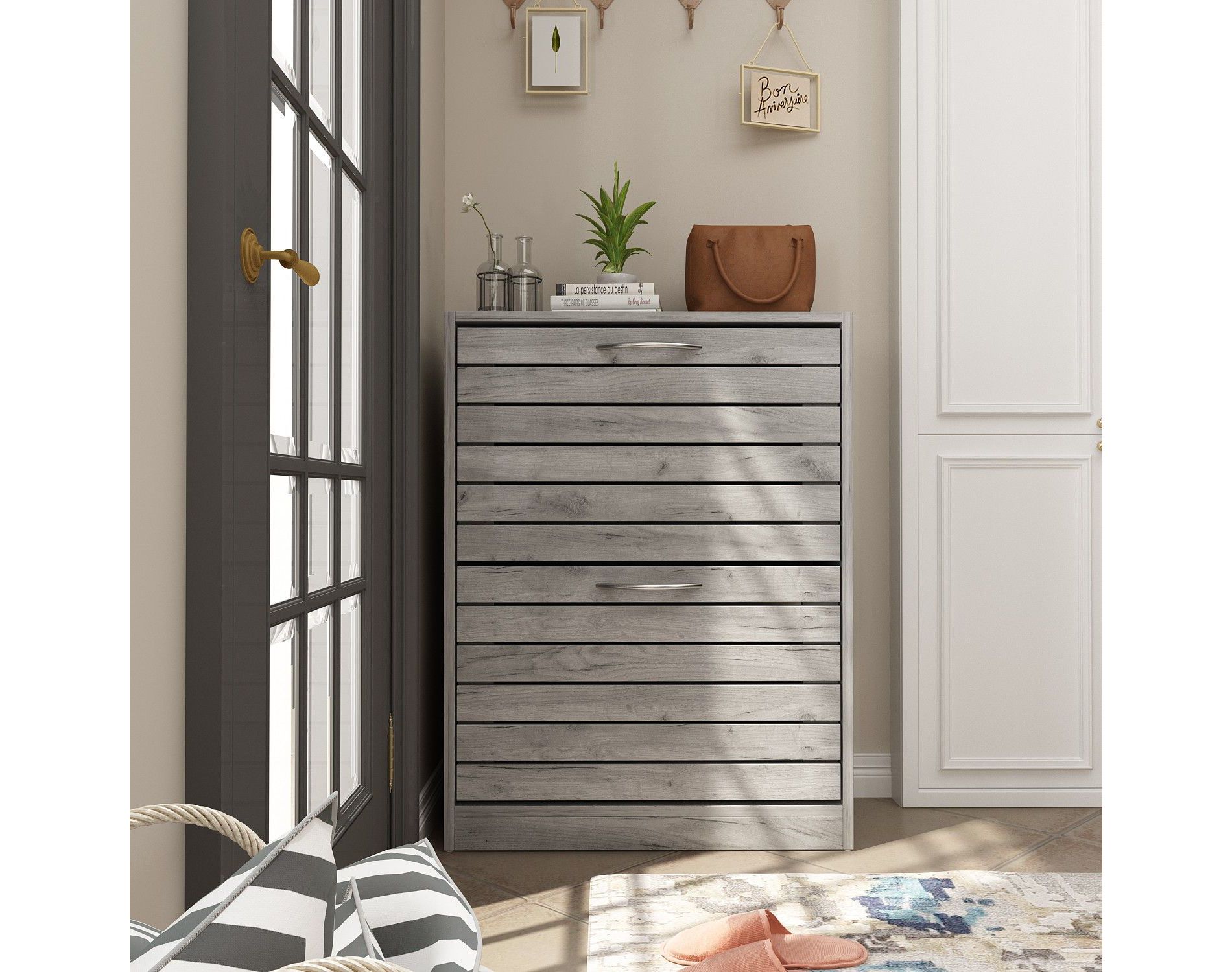 FUFU&GAGA Grey Woodgrain Double Drawer Flip-Flop Shoe Cabinet Hollow Out Design Natural Style
