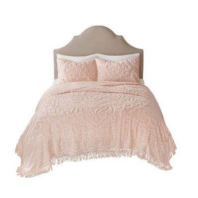 King Blush Cotton Chenille Medallion Fringe Coverlet Set