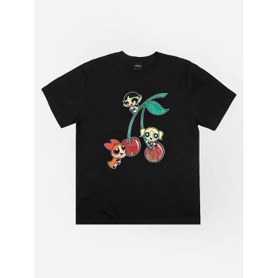 Powerpuff Girls Cherry Glitter Print Crew Neck Short Sleeve Black Adult T-shirt-XL