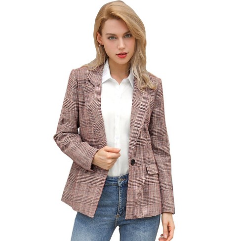 Allegra K Women's Notched Lapel Long Sleeve One Button Houndstooth Plaid  Blazer Brown X-small : Target