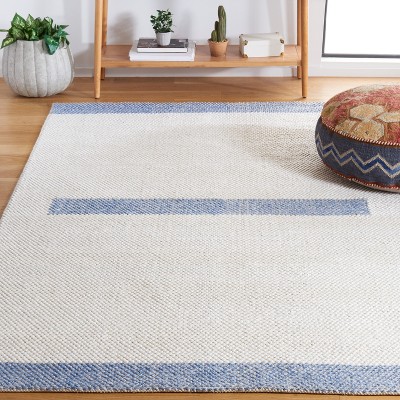 Ivory and Blue Striped Square Wool Area Rug, 6' x 6'
