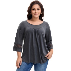 Agnes Orinda Women's Plus Size Hollow Out Gathered Patchwork Long Sleeve Pleated Tunics Casual Blouse - 1 of 4