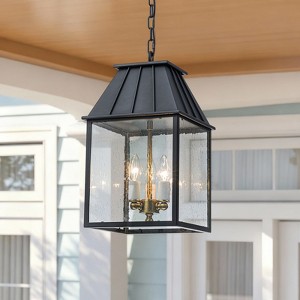 LLHZSY 3-Light Outdoor Pendant Light, Small House-Shaped Iron & Glass Hanging Lantern-Black - 1 of 4