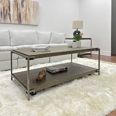 Industrial Metal-Frame Wooden Coffee Table with Rolling Casters，