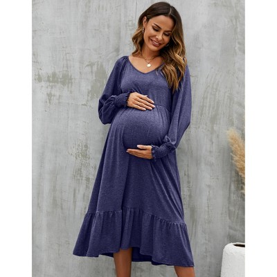 Maternity Dress V Neck Long Sleeve Dress Ruffle Baby Shower Midi Dress Photoshoot