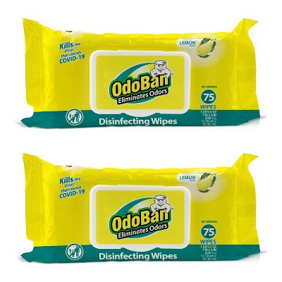 OdoBan Disinfectant and Odor Eliminating Wipes, Air Freshener, Package of 75 Wipes, Lemon Scent