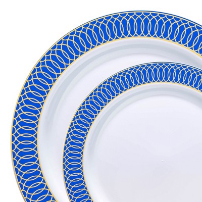 Smarty Had A Party White w/ Gold Spiral on Blue Rim Plastic Dinnerware Set - 120 Sets