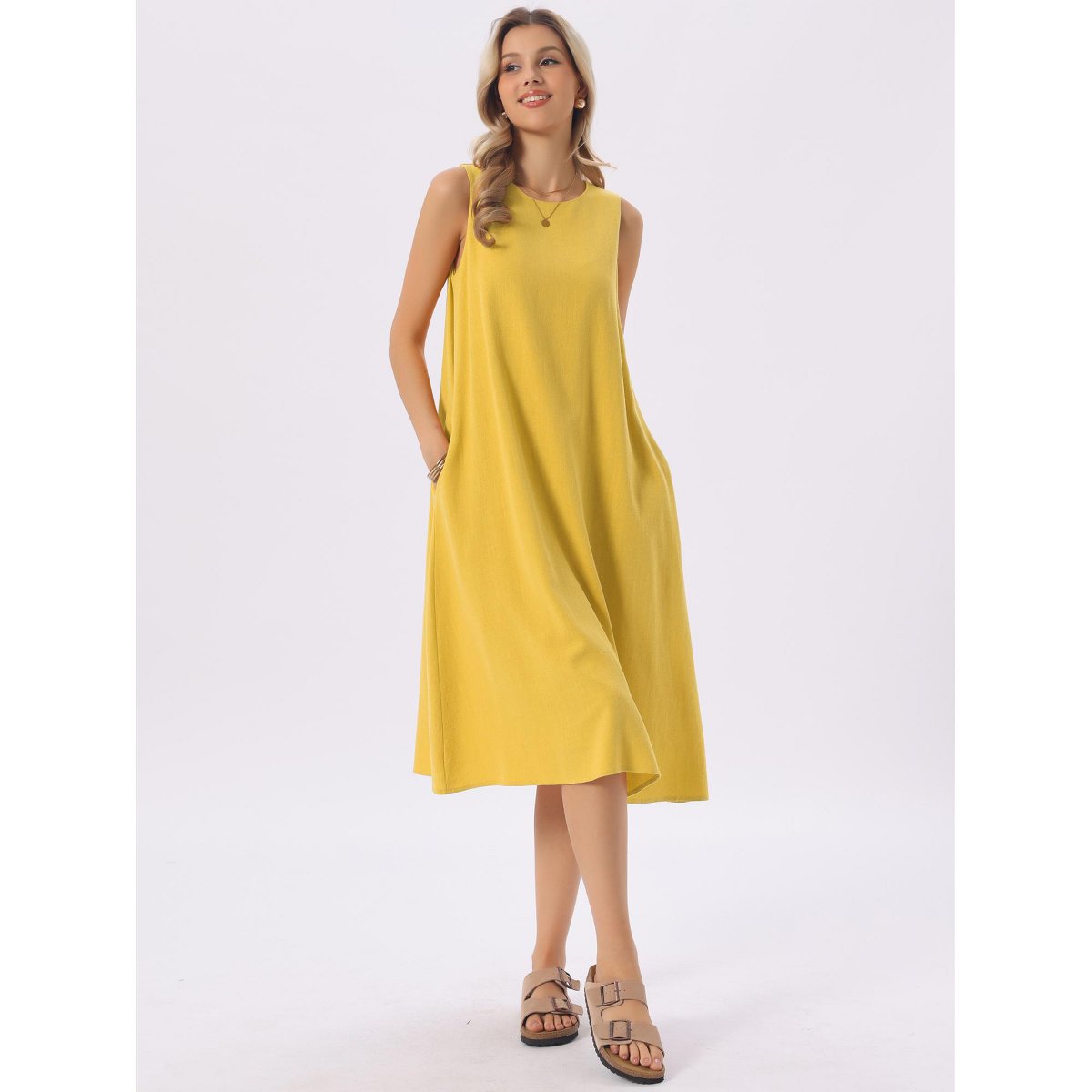 Женские платья INSPIRE CHIC Women's Linen Sleeveless Crew Neck Shift with Pockets Casual Midi Dress Large Yellow — фото 5