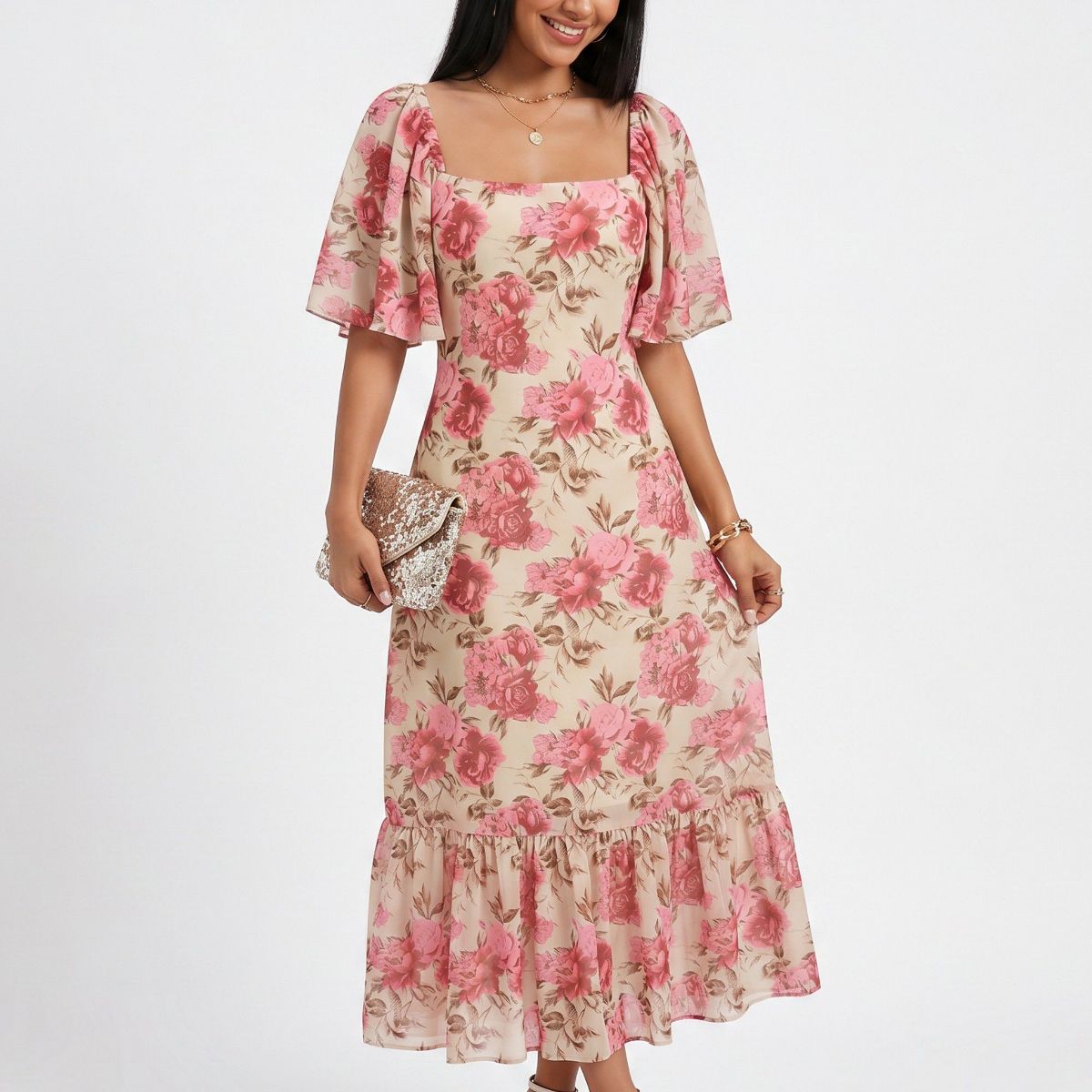 Anna-Kaci Women's Floral Midi Dress Square Neck Flutter Sleeve Ruffle Hem Dress
