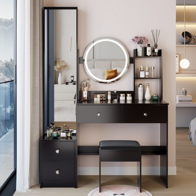 VYNXARIA Full Body Mirror Cabinet&Round Mirror Vanity Table&Cushioned Stool,Large Desktop, Multi-layer High Capacity Storage,Black