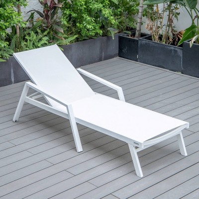 White Aluminum Adjustable Chaise Lounge with Arms and Cushions
