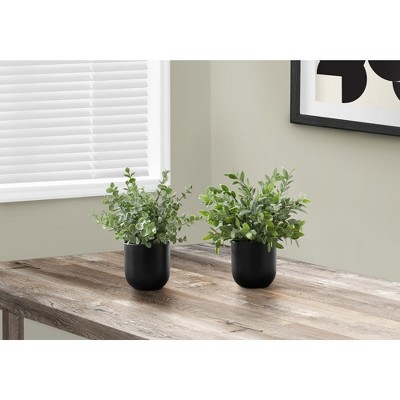 Monarch Specialties Artificial Plant 11 inch Tall Eucalyptus Grass Indoor Faux Fake Table Greenery Potted Set Of 2 Decorative Green Leaves Black Pots