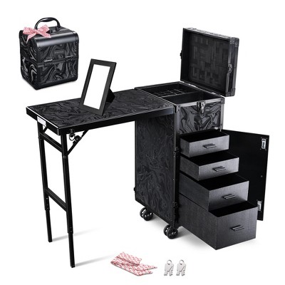 Byootique Rolling Nail Table & Makeup Case Kit Cosmetic Organizer Aluminum Black